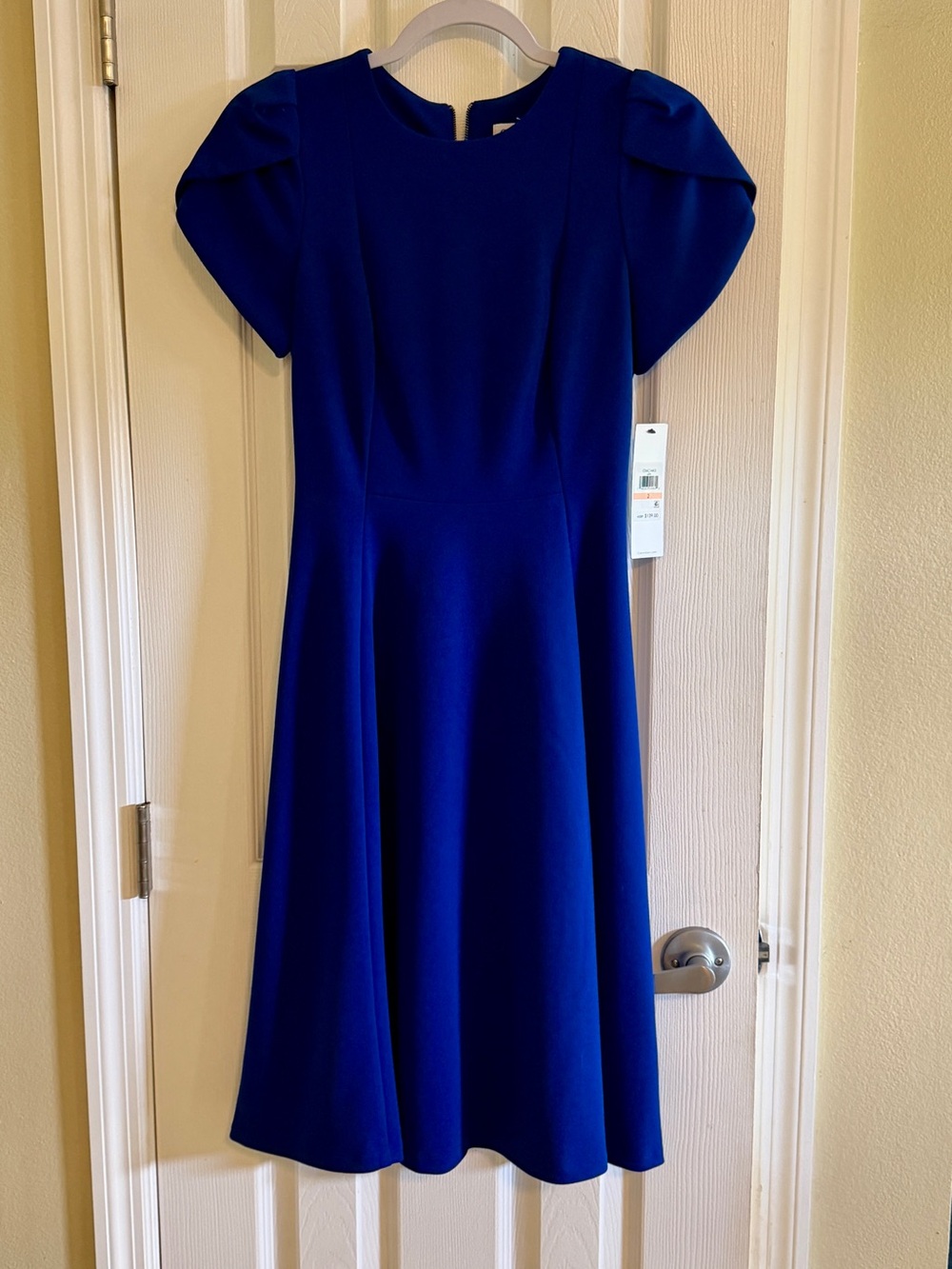 Calvin Klein Cobalt Blue Puff-Sleeve Midi Dress